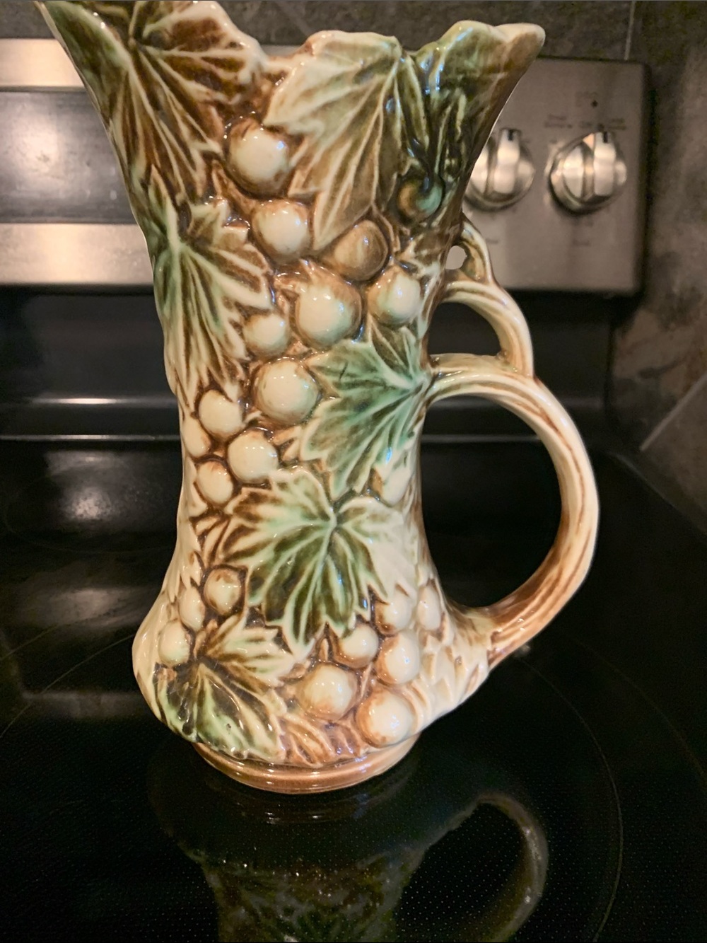 Vintage McCoy Ceramic Grape  Pitcher - Green and Cream, no cracks